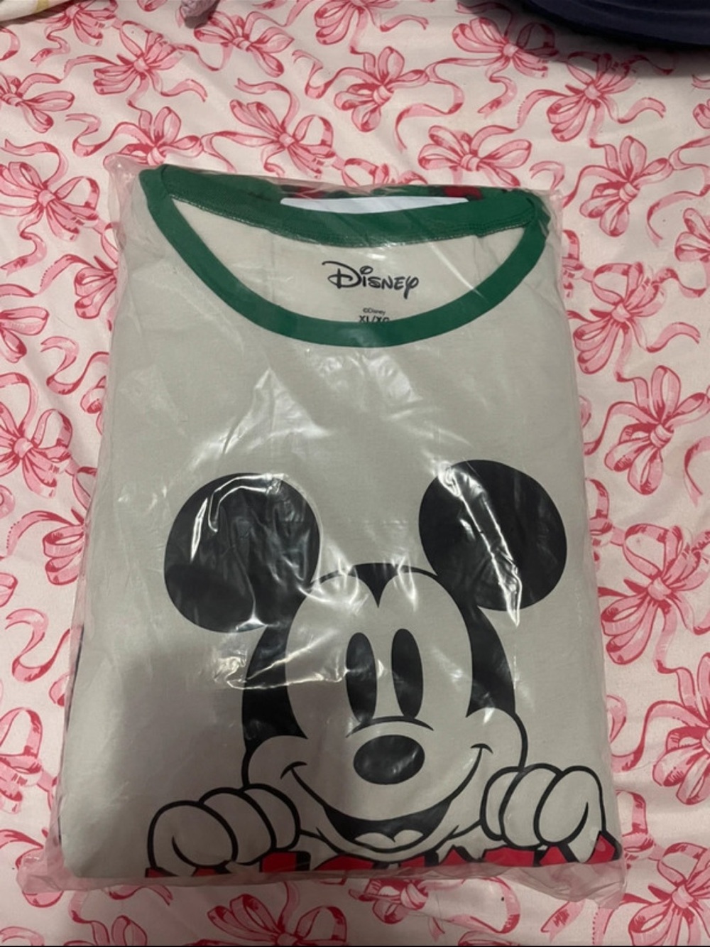 Disney White Tee with Green Neckline and Black Mickey Graphic